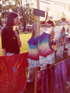 Marian Buchanan at her silk painting booth, Home County Folk Festival 1982