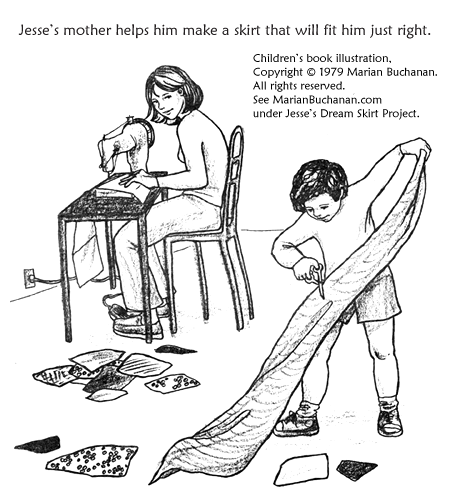 Marian Buchanan's illustration of Jesse and his mother making him a skirt